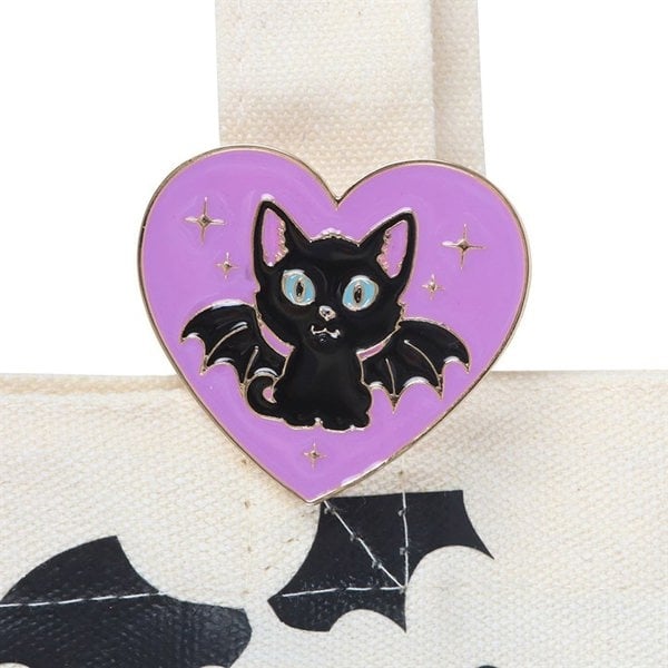 Serano Cute and Creepy Cat Print Polycotton Tote Bag with Enamel Pin