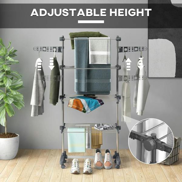 Grey adjustable-height four-tier clothes drying rack with garments and towels