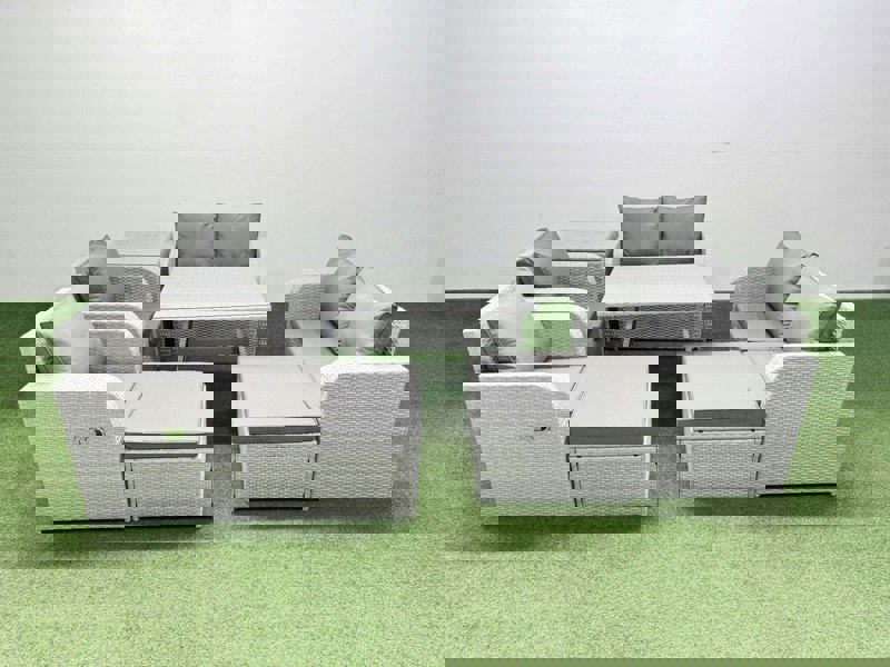 Fimous 8 Seater Rattan Garden Furniture Set Outdoor Love Sofa Set with Rectangular Dining Table Side Table 2 Big Footstools Light Grey