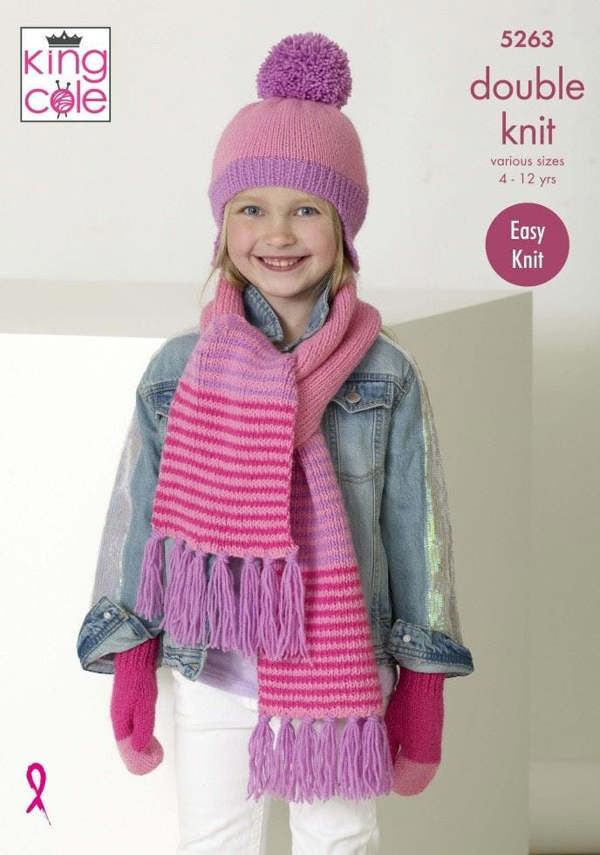 King Cole Big Value DK Knitting Pattern 5263, Scarves, Headwear, Gloves for Kids, 4 - 12 Years - Easy