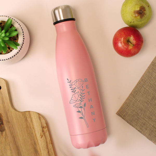 Personalised Memento Company Personalised Floral Pink Metal Insulated Drinks Bottle