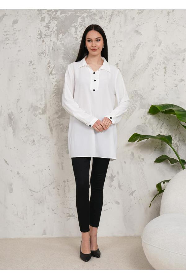 Hoxton Gal Oversized Long Sleeves Button Detailed Tunic in White