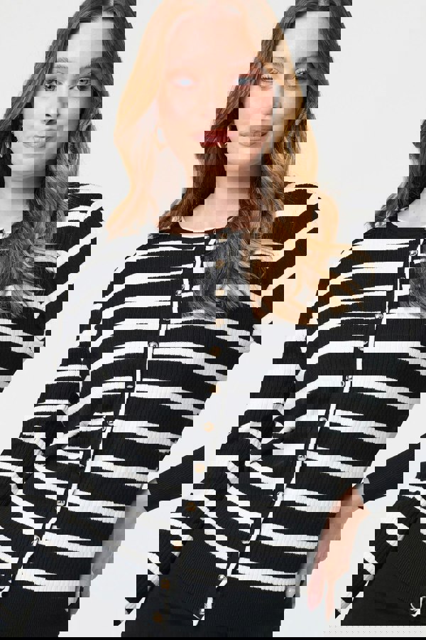 Black | Stripe Print Button-Up Knit Cardigan
