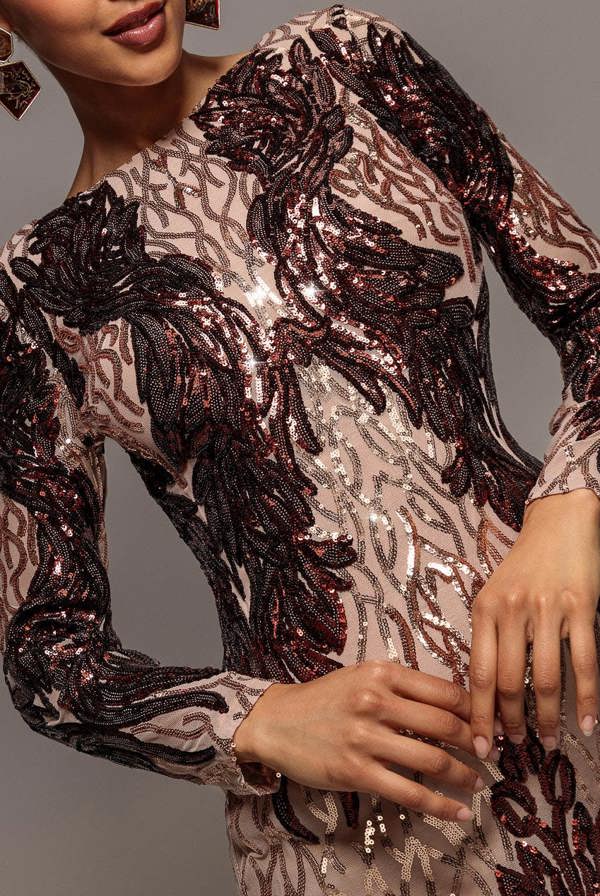 Boat Neck Full Sleeve Sequin Midi Dress - Champagne DR3008
