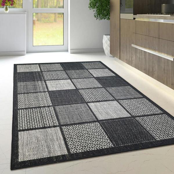 Non-Slip Black Rug Flat Weave Checkered Kitchen Dining Room Living Room Area Mat