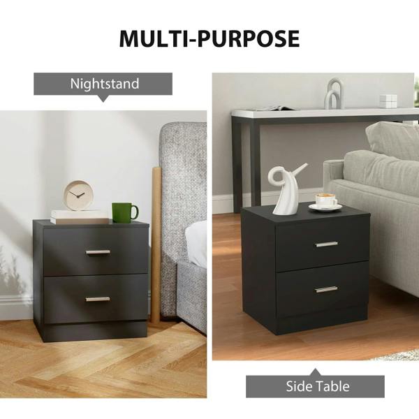 Black two-drawer bedside cabinet with silver bar handles