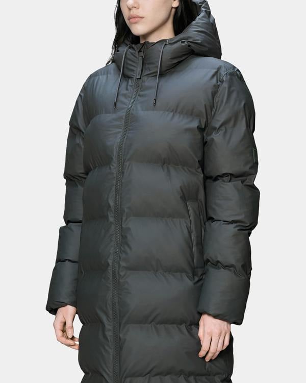 Rains Alta Long Unisex Puffer Jacket - 153 Dark Grey | CHO | Designer Unisex Padded Jackets