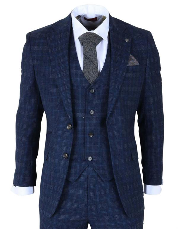 Infinity Leather Men's Navy Blue Plaid Check 3 Piece Suit Slim Fit Formal Suit