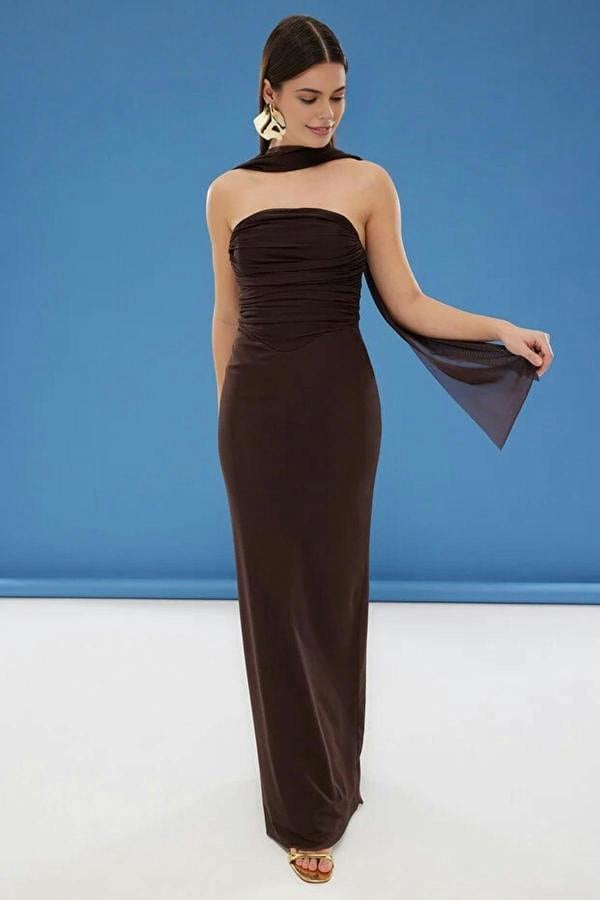 WOVCOR Tulle Knit Maxi Evening Dress with Shawl Detail