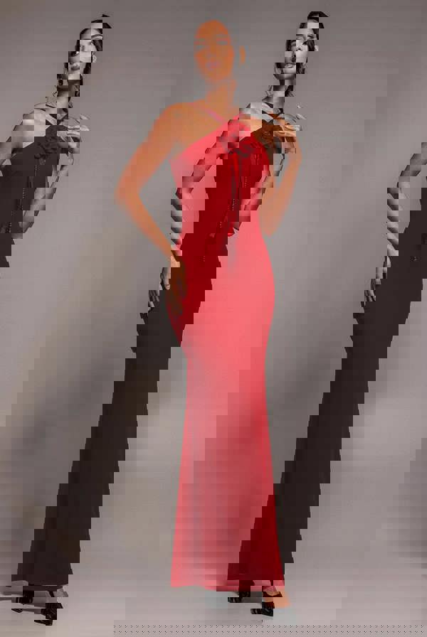 Racer Neck Corsage Scuba Maxi - Red DR4053