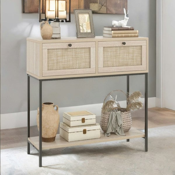 Rafaelo Mobilia Boho Style Hallway Console Table With 2 Drawers Light Brown