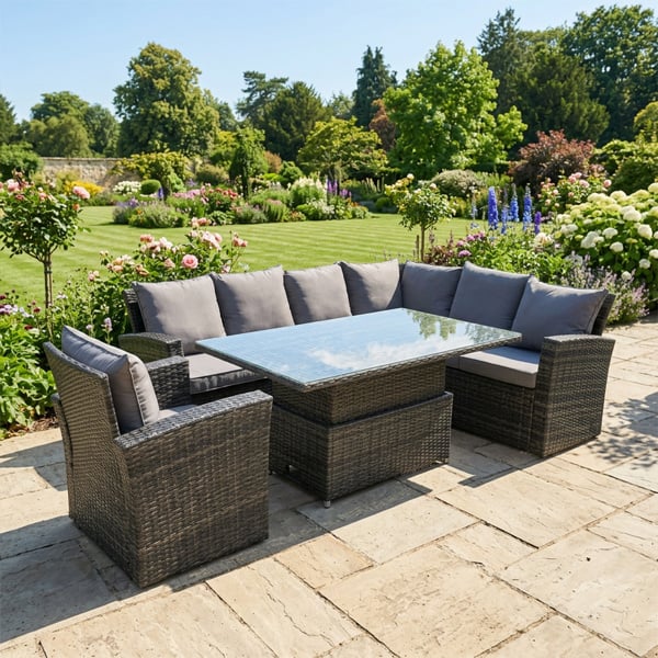 Fimous High Back PE Rattan Corner Sofa Set Garden Furniture Adjustable Rising Lifting Table Set With Armchair