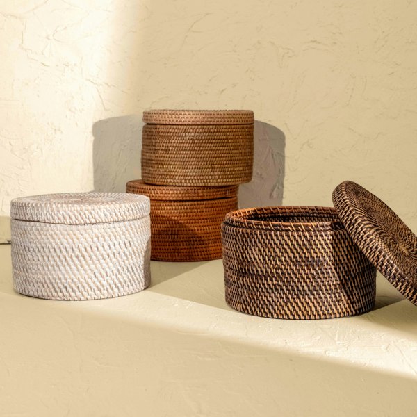 Round rattan storage basket handwoven wicker in four colours
