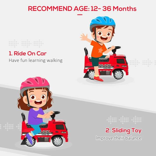 Red ride-on truck with child rider, black seat, and front handle