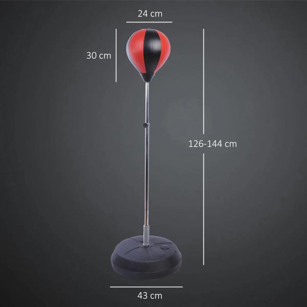 Red-and-black punching ball on height-adjustable stand with round weighted base