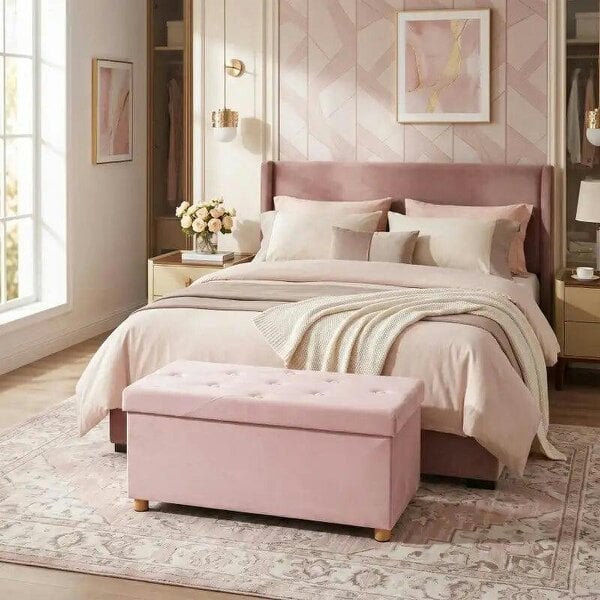 Velvet Upholstered Foldable Ottoman Footrest, Storage Ottoman Bench with Wood Legs for Living Room, Pink - Pink