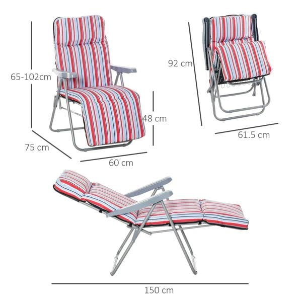 Folding reclining lounger chair set with red, white, and blue striped cushions and footrest