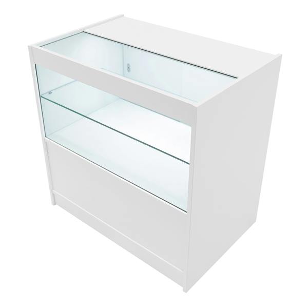 Gravity LED Shop Counter Set in white, featuring sleek glass display shelves and a modern, minimalist design for retail spaces