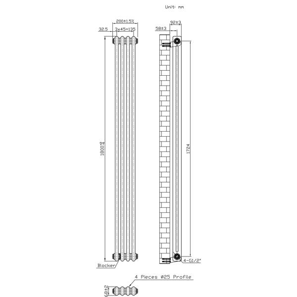Monstershop Traditional 2 Column Radiator - 1800 x 200mm - Raw Metal