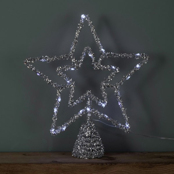 Samuel Alexander 28cm Battery Powered Silver Christmas Star Tree Topper with White Multi-Action LEDs