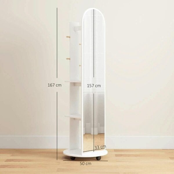 2-in-1 Full Length Mirror with Storage Shelves, Floor Mirror with 4 Wheels, Coat Rack, Hooks, White