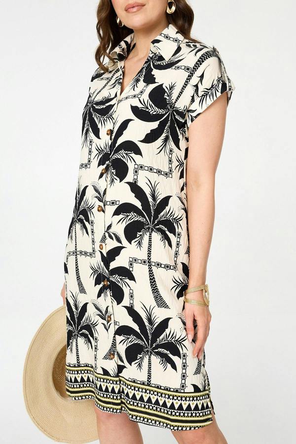 Black | Tropical Cap Sleeve Knee Length Dress