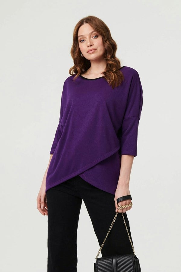 Purple | Asymmetric Zip Hem 3/4 Sleeve Tunic Top
