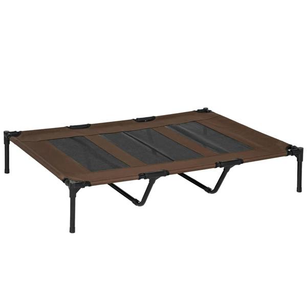 Raised pet cot with brown fabric mesh and black metal legs, elevated design