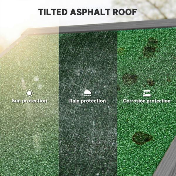 Grey tilted asphalt roof panel for outdoor storage shed