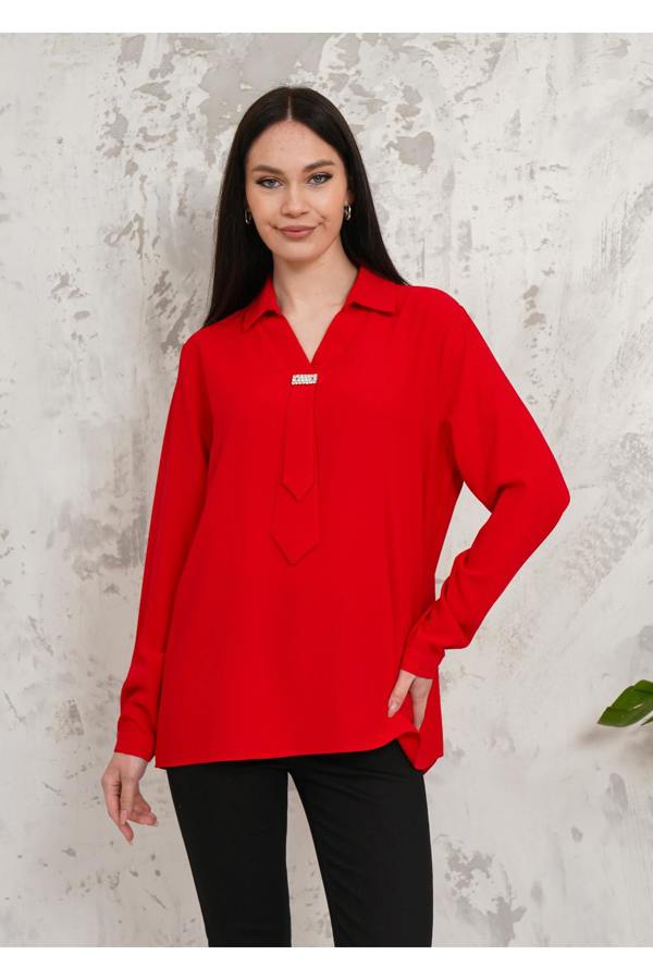 Hoxton Gal Relaxed Fit Long Sleeve Blouse with Tie Detail in Red