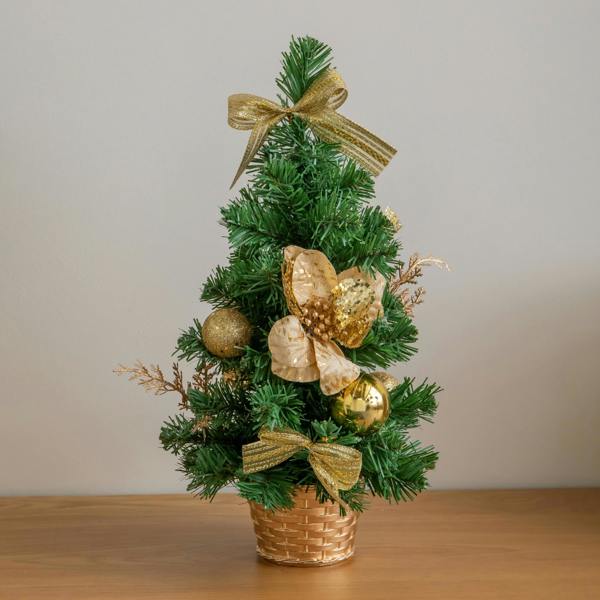 Samuel Alexander 40cm Golden Fir Mini Christmas Tree with Gold Baubles, Ribbons & Poinsettias