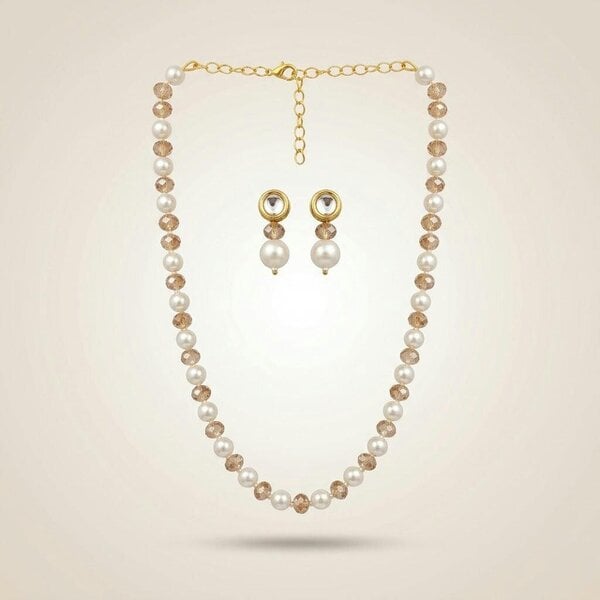 The Colourful Aura Pearl and Champagne Crystal Necklace and Earring Set in 18ct Gold Plate