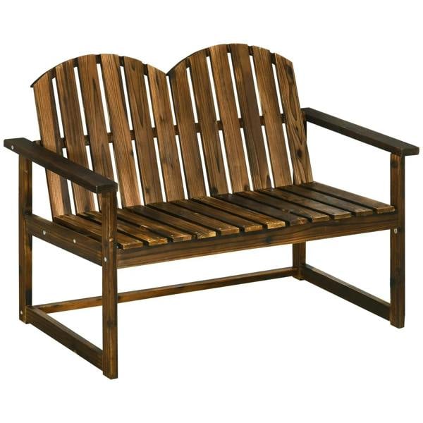 Outdoor wooden garden bench with slatted backrest and armrests, carbonised finish