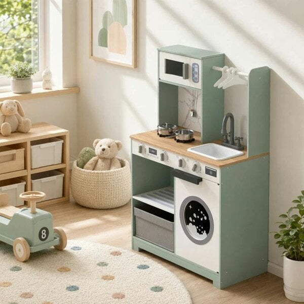 Bobobiy Kids Play Kitchen, Pretend Play Toy Kitchen Playset with Stove, Sink, Microwave, 5Pcs Accessories for 3-6 Years, Green