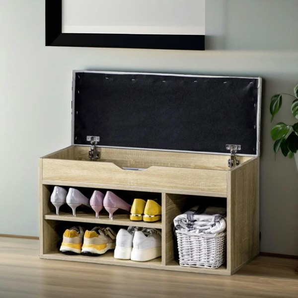 Rafaelo Mobilia Industrial Shoe Storage Bench With Cushion Seat Oak