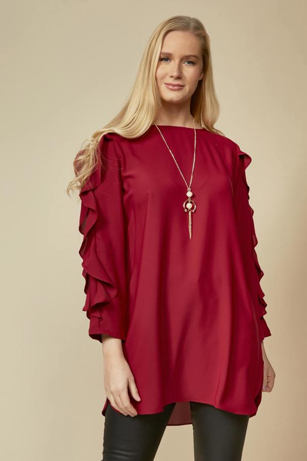 Hoxton Gal Oversized Ruffle Sleeve Relaxed Fit Tunic in Burgundy