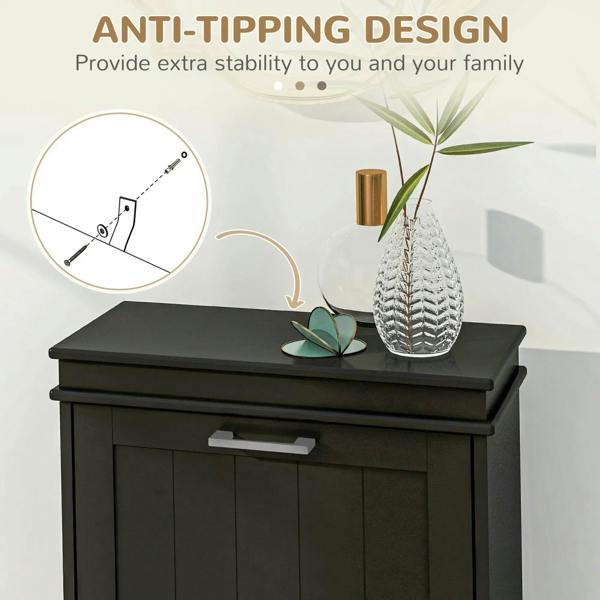 Black shoe cabinet with wide top and two drawers; anti-tipping stability design