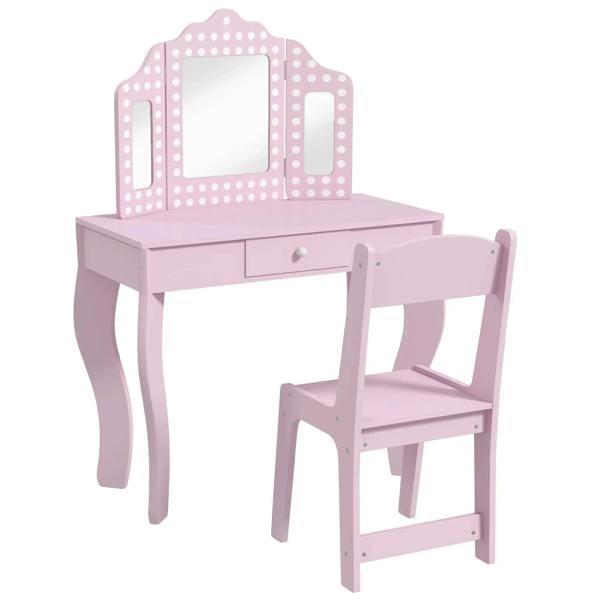 Kids pink dressing table set with stool and tri-fold mirror, drawer and vanity