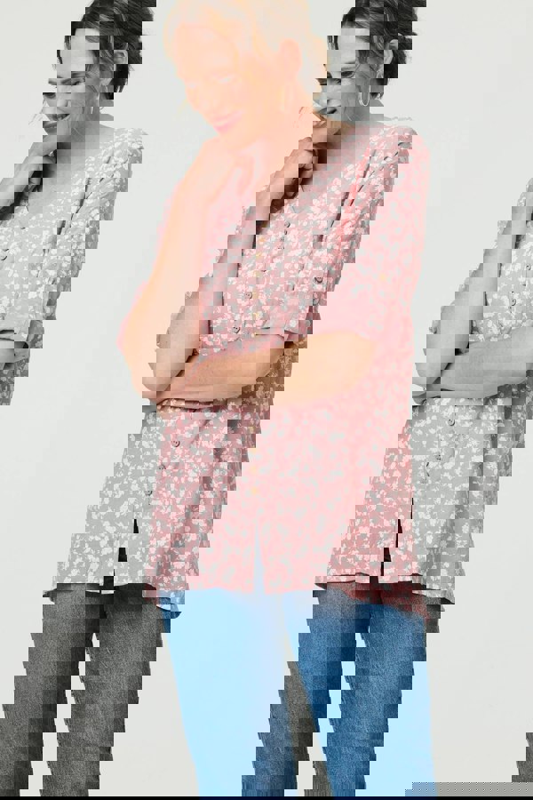 Pink | Ditsy Floral 3/4 Sleeve Curve Hem Top
