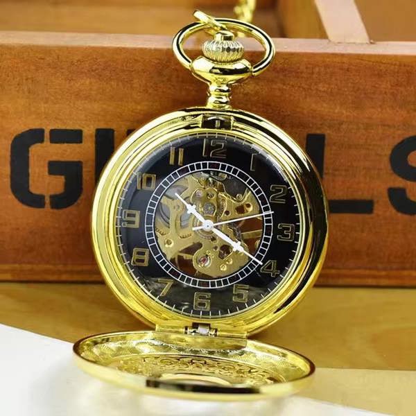 Infinity Leather Antique Brass Alloy Skeleton Half Hunter Pocket Watch