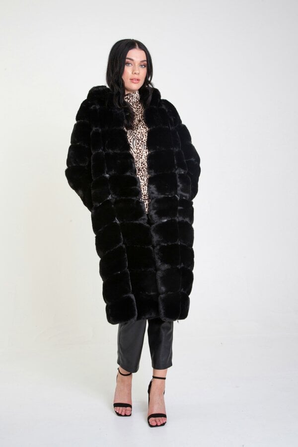 Gini London Black Panelled Hooded Longline Fur Coat