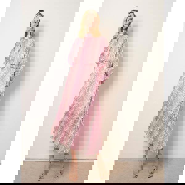 Blue Vanilla Zig Zag Metallic High Neck Puffball Pleated Dress