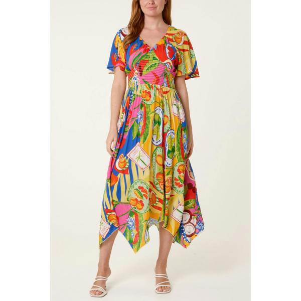 Blue Vanilla Shirred Waist Hanky Hem Dress