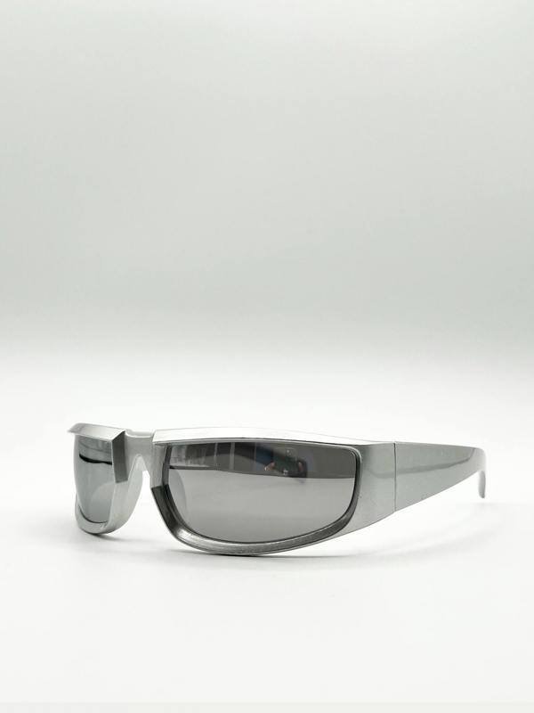 Silver racer style sunglasses with silver lenses - svnx