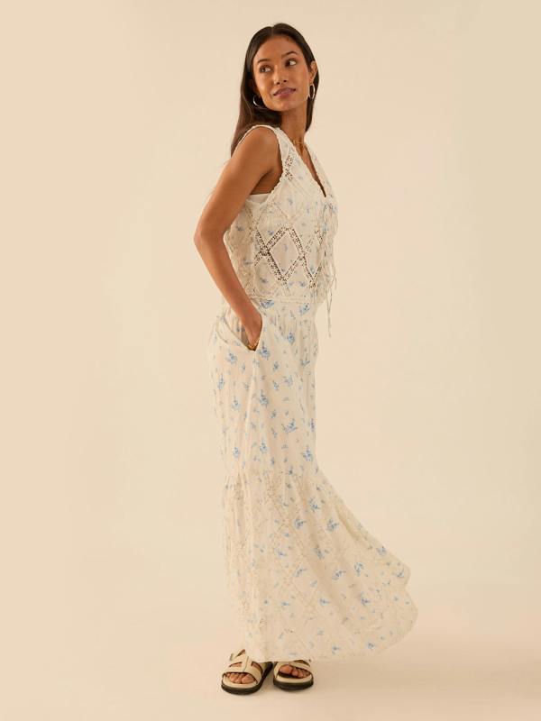 Rose & Nancy Nell White Cotton Printed Floral Lace Maxi Skirt