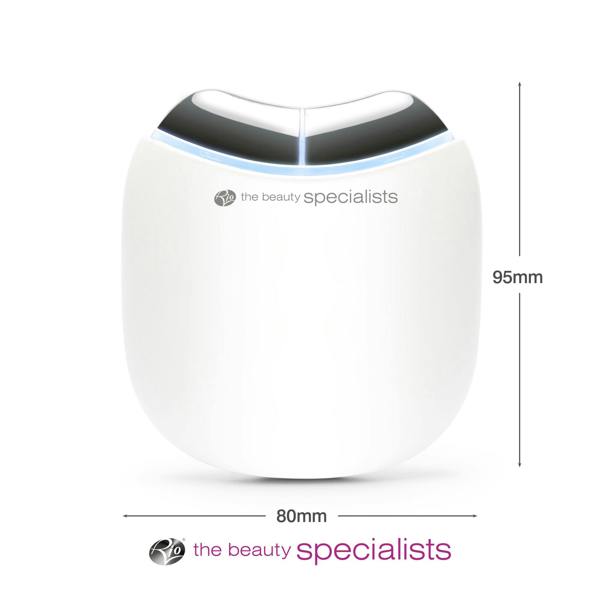 The Rio Face Lift & Tone Facial Toner is a white, oval device with black accents, 95mm tall and 80mm wide. the beauty specialists appears on the front and lower part of the image. Perfect for skin toning and anti-aging routines.