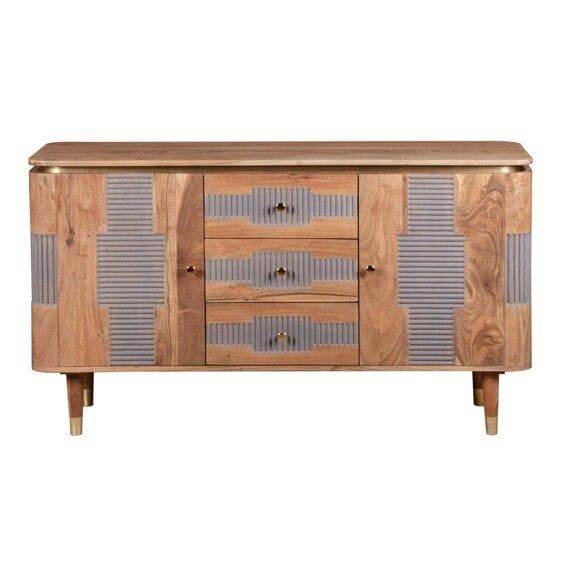Wyld Haus Idaho Natural Acacia Wood and Brass Sideboard with 3 Drawers and 2 Doors
