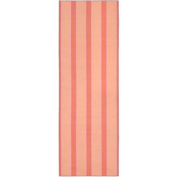 Rectangular towel with vertical pink stripes on a white background