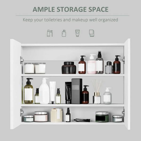 White double-door bathroom mirror cabinet interior with three storage shelves