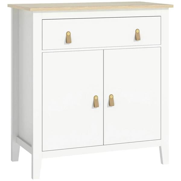 White farmhouse sideboard with top drawer and two cabinet doors, paneled panels